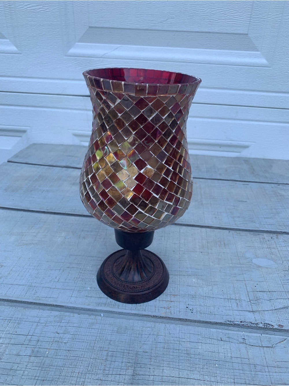 Vintage PartyLite Global Fusion Hurricane, Amber Mosaic Glass Candle Holder 11”